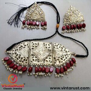 Vintage Jewelry Set Tribal Amulet Cum Choker With Earrings, Beads Kuchi Jewelry